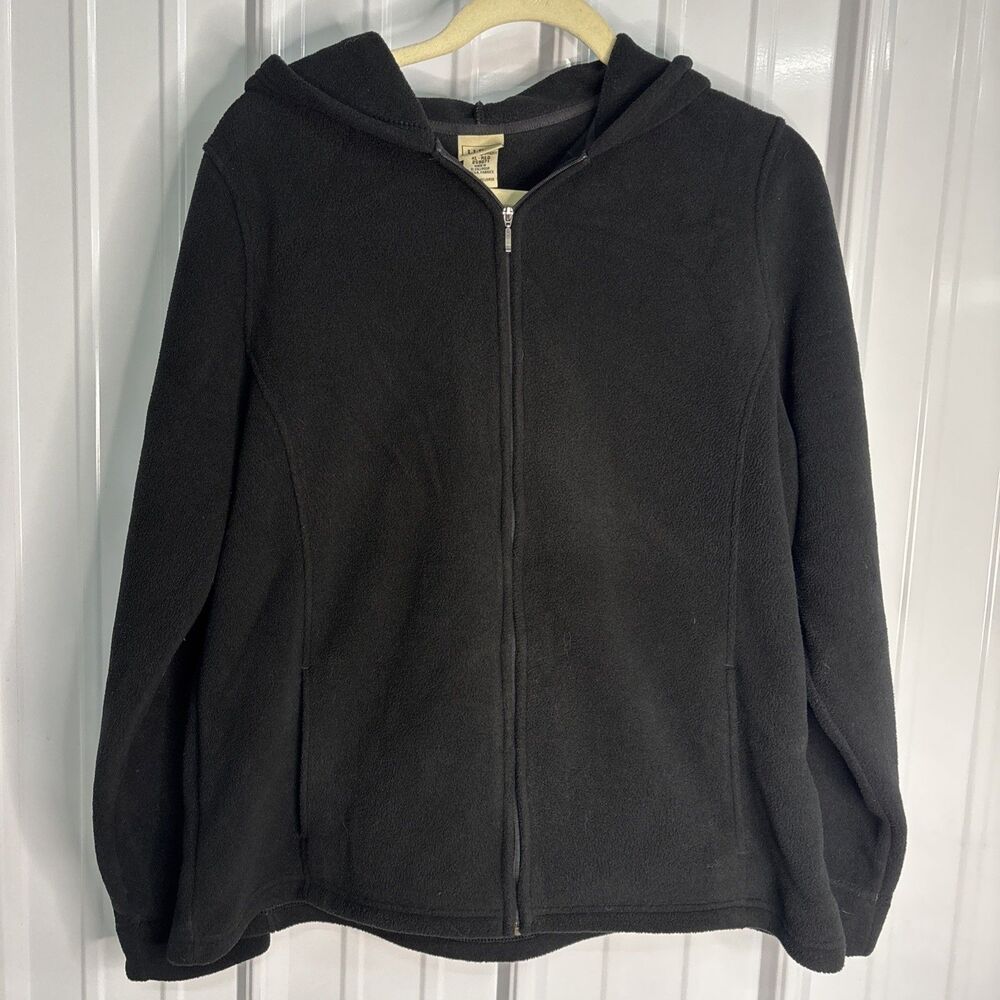 LL Bean Womens Polartec Hooded Fleece Jacket Black XL EUC